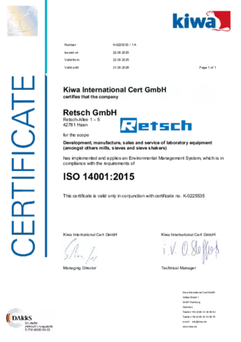 Retsch DIN EN ISO 14001:2015 Certificate