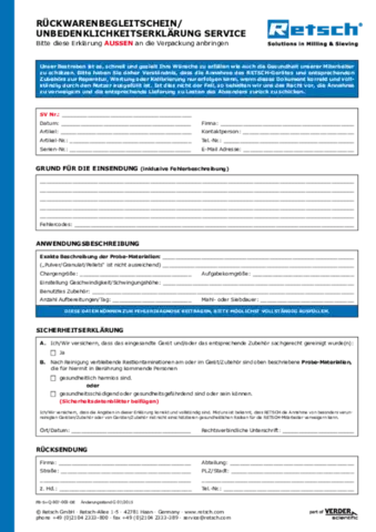 Rückwarenbegleitschein / Unbedenklichkeitserklärung - Service