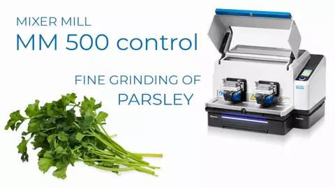 Cryogenic grinding of dried parsley in Mixer Mill MM 500 control with CryoPad