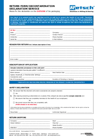 Return Form / Decontamination Declaration - Service